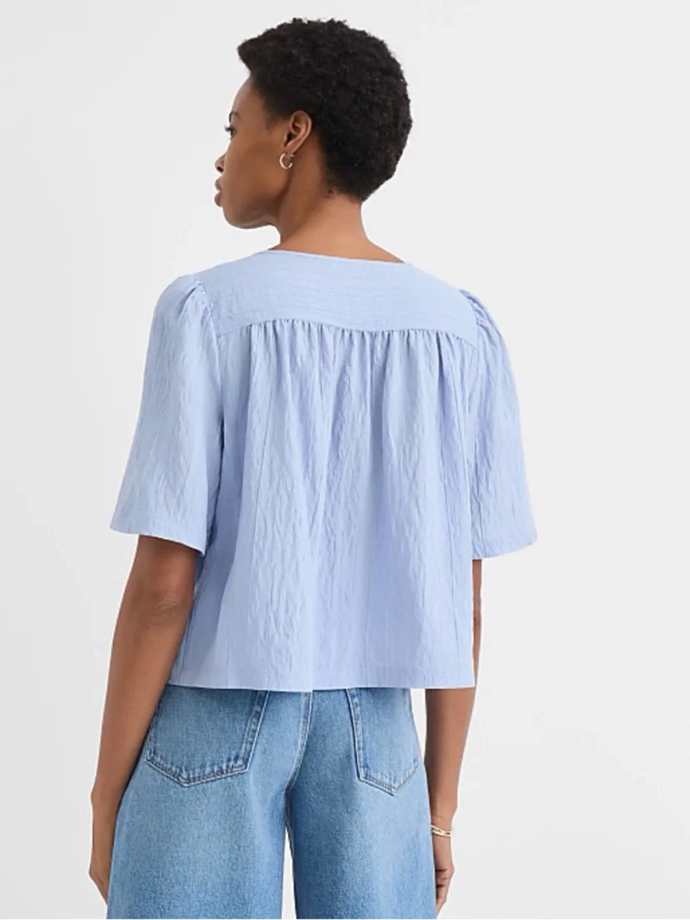 LOFT Pale Blue Tie-Front Puff Sleeve Blouse